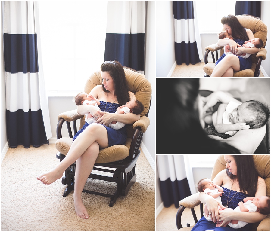 Mom snuggling twins during session with Orlando Newborn Photographer